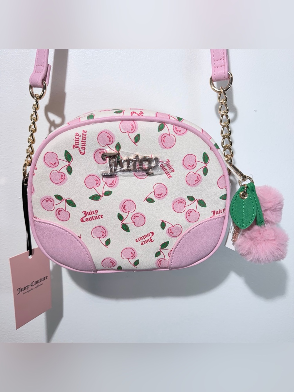 Juicy Couture Pink Cherry Print Crossbody with Gold Chain Accent NWT